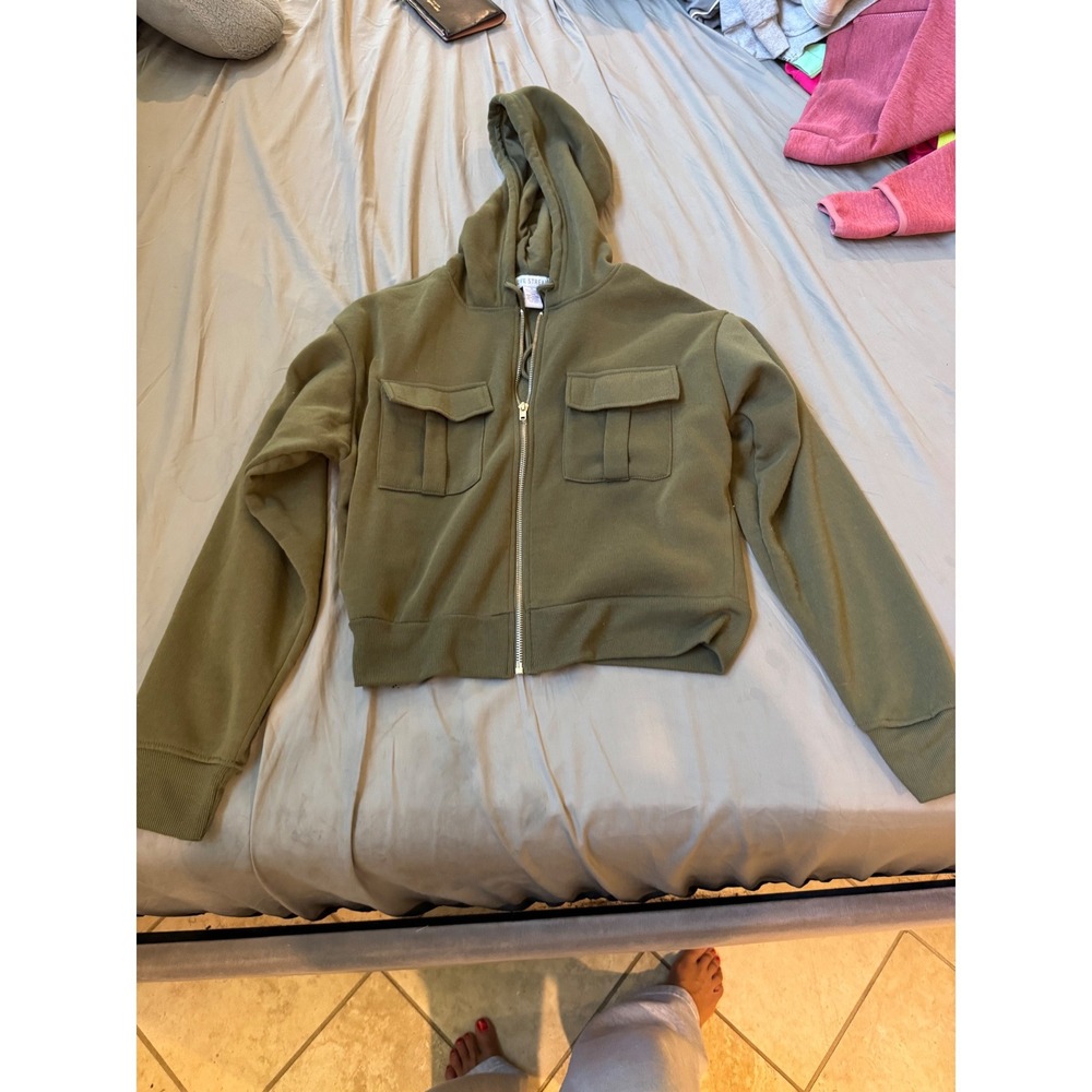 Womens Olive Green Cropped Hoodie Sweatshirt Long Sleeve Pullover Olive Green